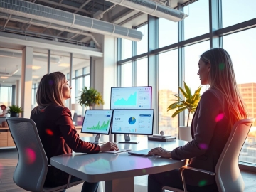 Two professionals reviewing real estate market analytics on multiple monitors in a modern office with large windows