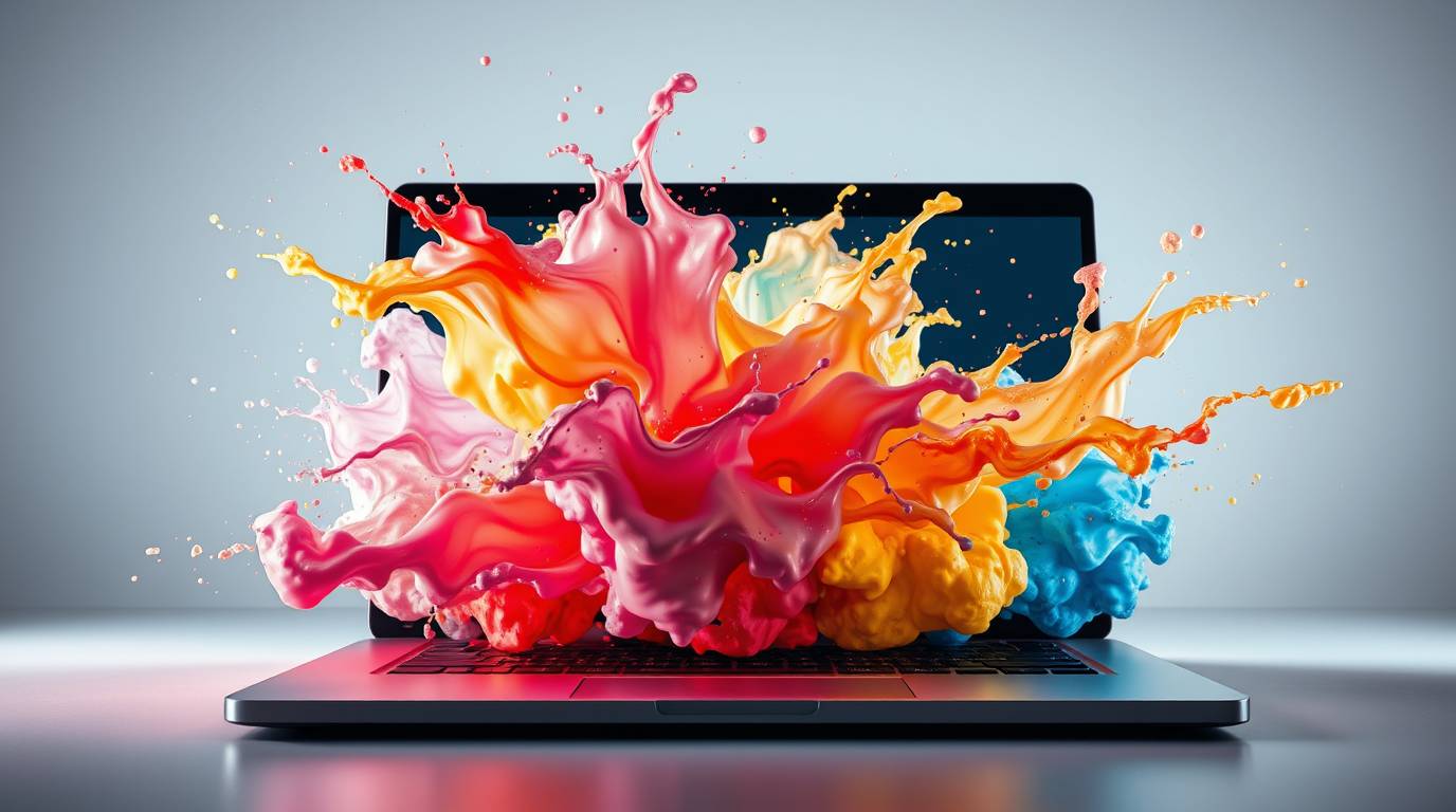Vibrant colorful paint bursts emerging from a laptop screen, symbolizing creativity and digital innovatio